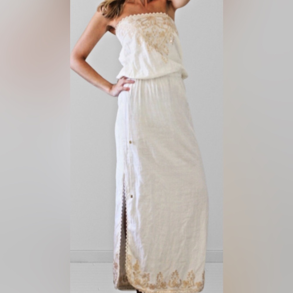 SAND & SPIRIT STRAPLESS COVERUP Ivory Embroidered Crochet Lace Boho Summer Dress